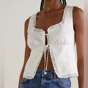 Reformation White Lace Detail Front-Tie Top